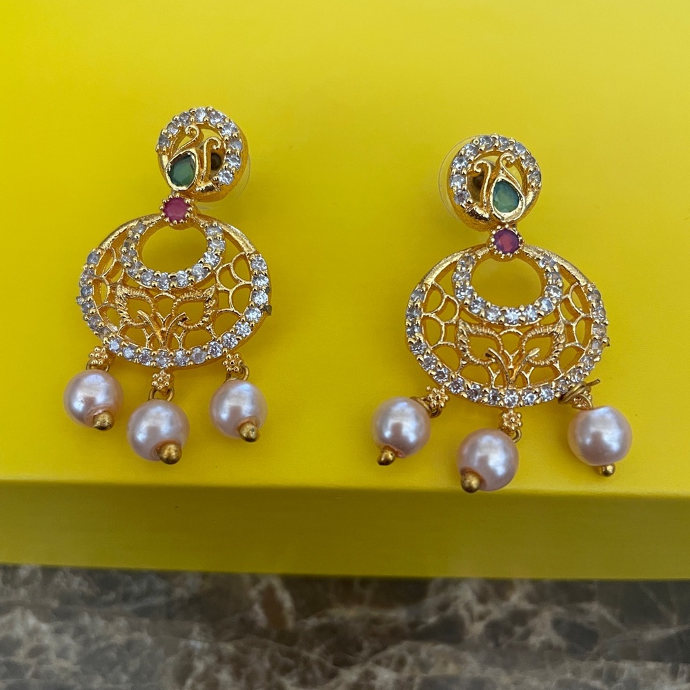 Gold-Tone Pearl Drop Filigree Earrings - Pink & Green Accents